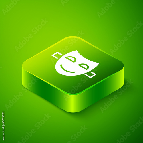 Isometric Comedy theatrical mask icon isolated on green background. Green square button. Vector