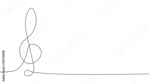 A treble clef and notes are drawn by a single black line on a white background. Continuous line drawing. illustration.