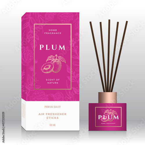 Plums Home Fragrance Sticks Abstract Vector Label Box Template. Hand Drawn Sketch Flowers, Leaves Background. Retro Typography. Room Perfume Packaging Design Layout. Realistic Mockup. Isolated