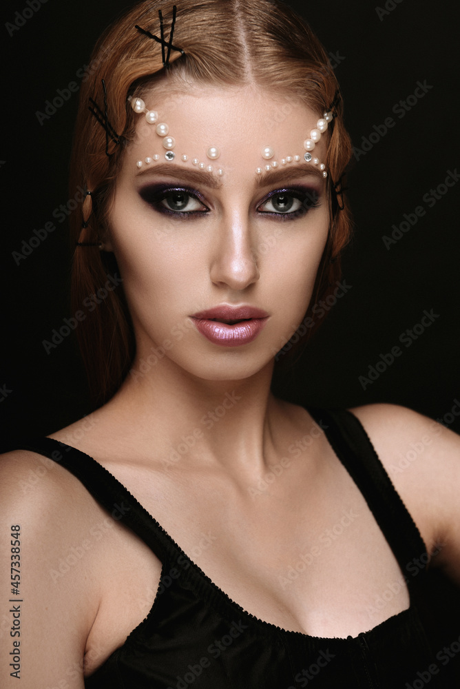Beautiful woman portrait with art make up, pearl beads on face. Beautiful woman portrait with art make up, pearl beads on face.