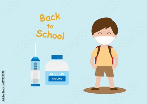 Vector illustration of young boy wearing face mask and covid-19 vaccine with syringe. Back to school after immunization for protection serious illness.