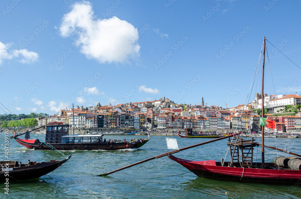 Wooden boats on Douro River in Porto, Portugal.