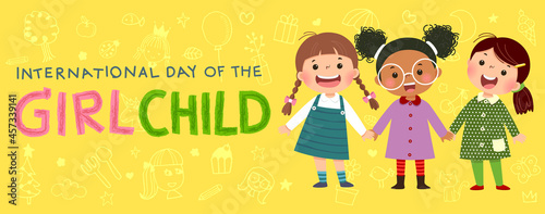 International Day of the girl child background with three little girls holding hands on yellow background.
