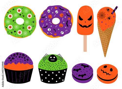 Halloween dessert  cupcakes donuts ice cream vector illustration 