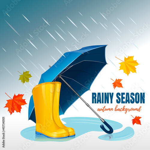 Blue umbrella and yellow rubber boots. Autumn background. Rainy season. Vector illustration