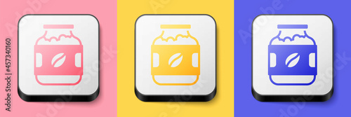 Isometric Coffee jar bottle icon isolated on pink, yellow and blue background. Square button. Vector