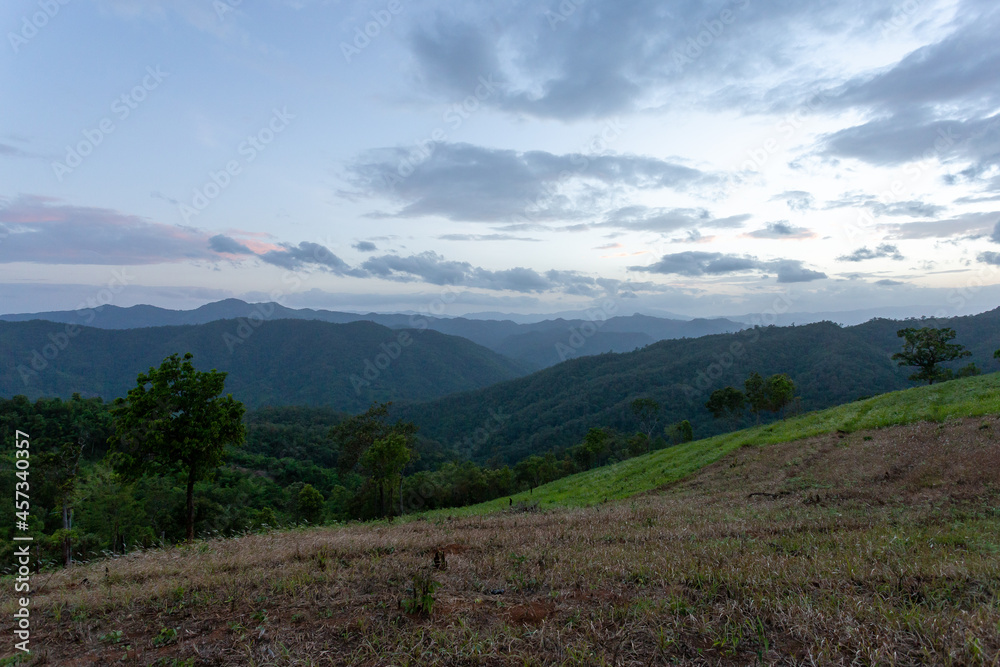 Fototapeta premium agricultural landscape of hill tribes green grass evening sky On top of a hill in Chiang Mai, Thailand. Background image. There is space for the text above.