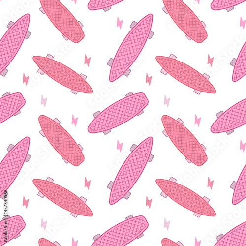 Skateboarding Seamless Pattern with Cartoon Skate Board. Vector Girlish Illustration of Pink Penny Skateboard with Lightning. Flat Style Skate Background