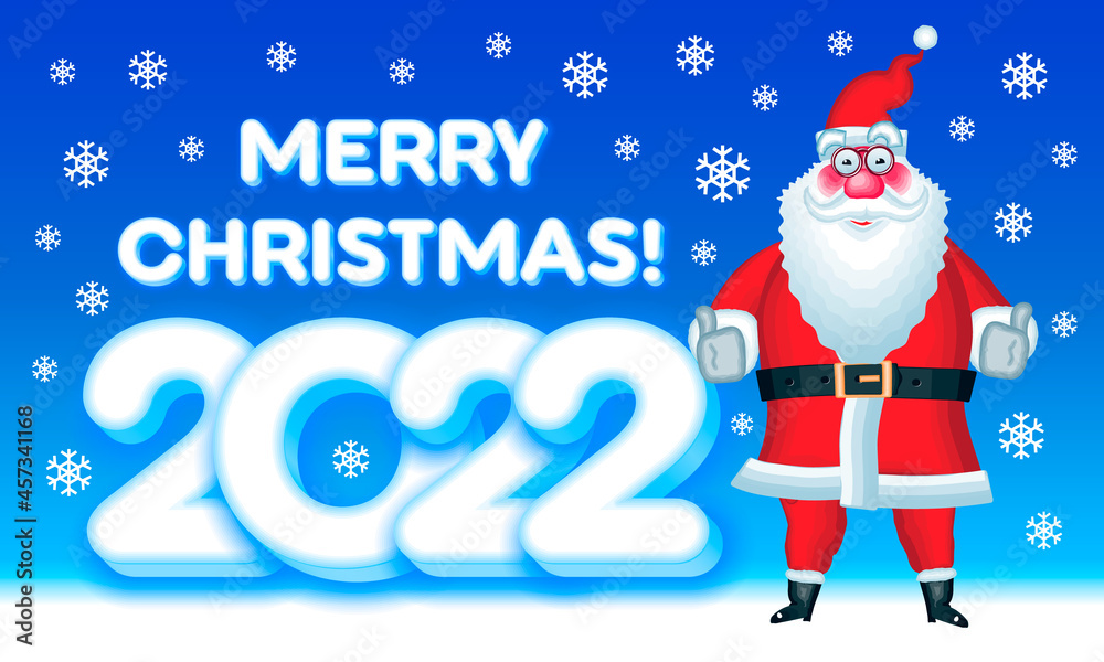 Vector festive Greeting Card Merry Christmas 2022! Happy Santa Claus showing thumbs up