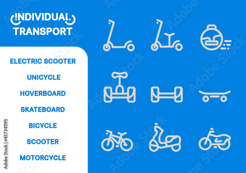 Simple vector icon line set. Individual transport collection: electric scooter, unicycle, hoverboard, skateboard, bicycle, scooter, motorcycle.