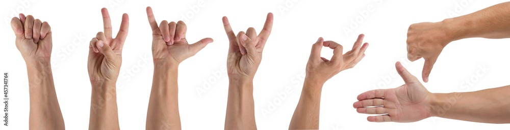 Collage of several gestures of man hand on white background isolate, approval, victory, negative and positive. Collage of several gestures of man hand on white background isolate, approval, victory, negative and positive.