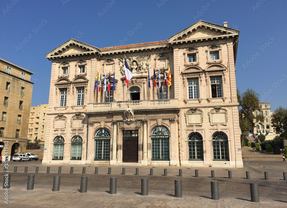 View of the original part of Marseille's City Hall which includes the Puget Pavilion, the part overlooking the port. It has a balcony with a magnificent view over La Bonne Mère and the Old Port.