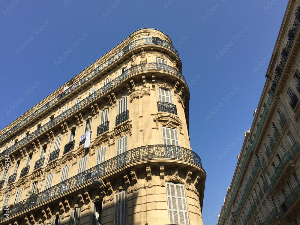 View of residential buildings in the Hôtel de Ville neighborhood of Marseille, France.