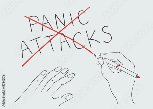 Hand drawn outline graphic mental health image. Panic attacks. Lettering. Person.