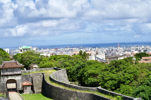 View of the city and "Kankaimon" gate in Okinawa.