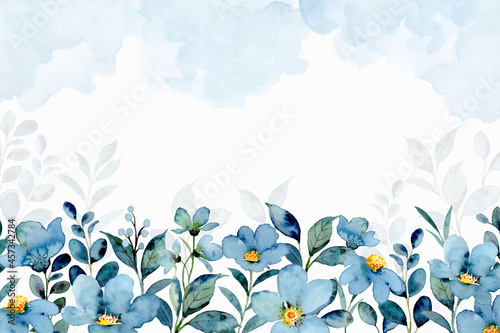 Blue green floral garden background with watercolor