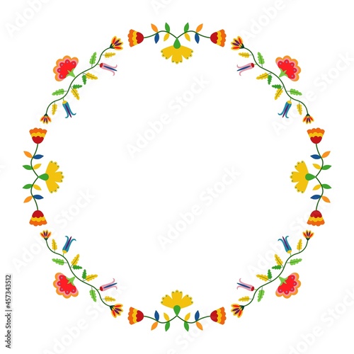 Wallpaper Mural Mexican Otomi, Tenango embroidery style. Circular frame. Ethnic floral design. For fiesta invitation, greeting card, banner, flyer. Torontodigital.ca
