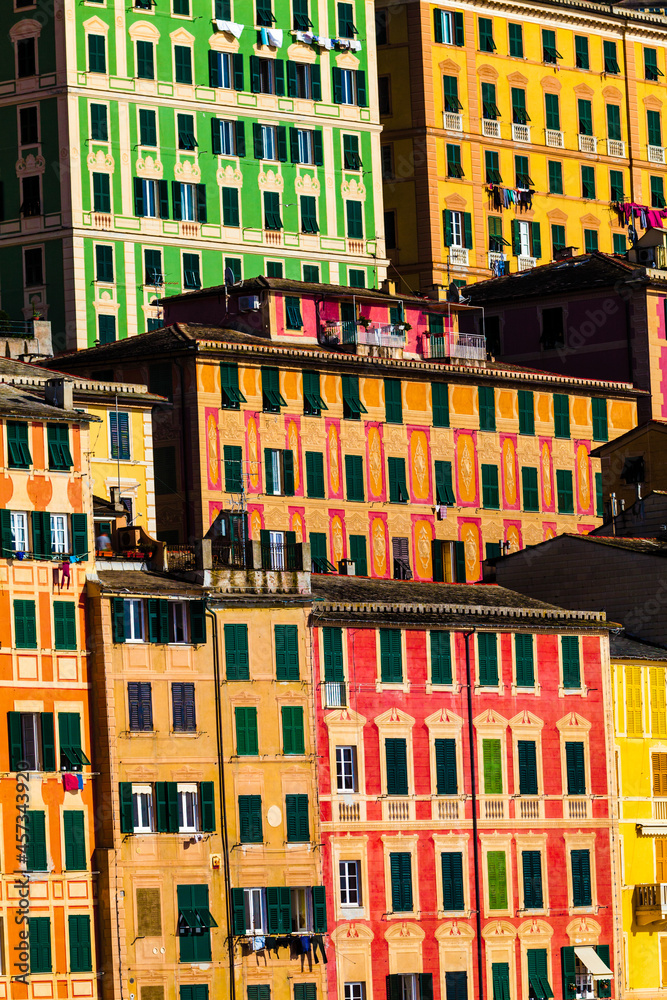 Colorful dwellings. Full background with multicolored buildings. Camogli, Italy.