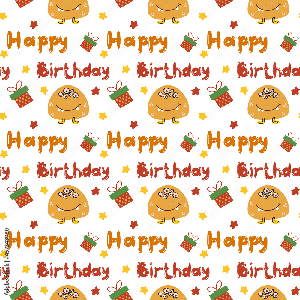 Birthday seamless pattern with funny monsters. Vector illustration