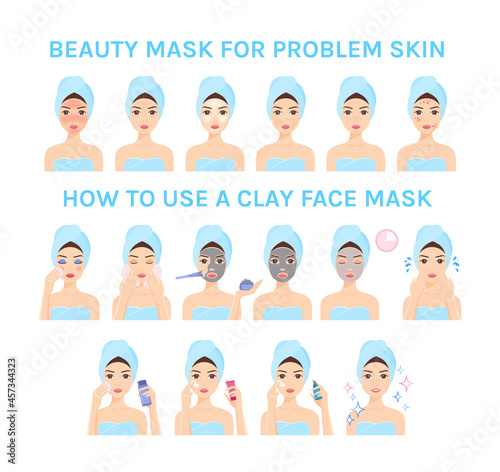 Set of How to Use a Clay Cosmetic Face Mask. Steps. Cute Woman in a Towel Takes Care of Skin. Treatment of Problem skin. Flat Cartoon style. White background. Illustration for Beauty Design.