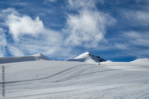 The image of snowboarders on a snowy mountain top. photo