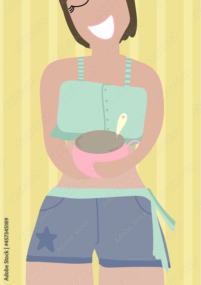 ilustración de vector chica mujer adolescente feliz con su café, desayunando y disfrutando de la vida. fondo amarillo a rayas. camisa corta verde con volados y líneas ilustración de vector chica mujer adolescente feliz con su café, desayunando y disfrutando de la vida. fondo amarillo a rayas. camisa corta verde con volados y líneas