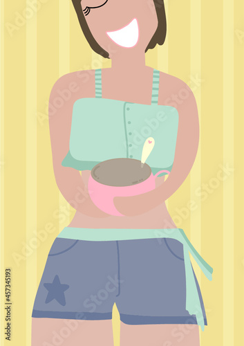 ilustración vectorial editable de chica mujer adolescente feliz con su café, desayunando y disfrutando de la vida. fondo amarillo a rayas. camisa corta verde con volados y líneas