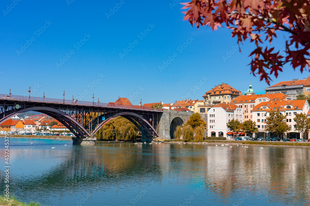 Glavni old most in Maribor with a beautiful view of the old town end lent district autumn fall picture