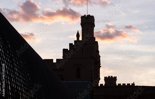 Silhouette - the tower of Lednice castle at sunset photo