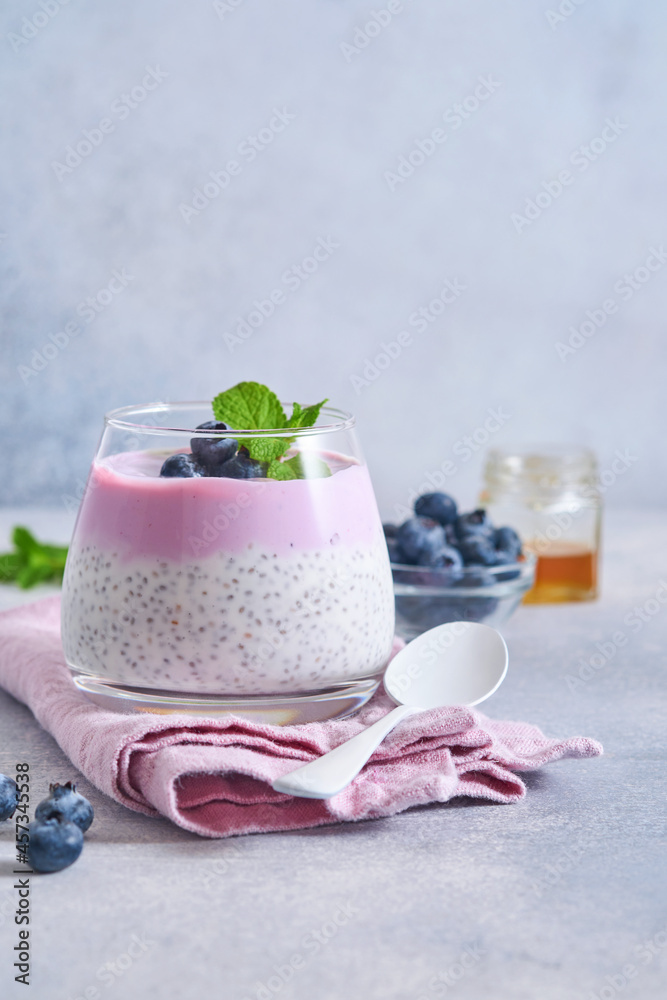 Chia seeds pudding with blueberry yogurt and fresh berries in glass prepared for healthy breakfast. Selective focus Chia seeds pudding with blueberry yogurt and fresh berries in glass prepared for healthy breakfast. Selective focus
