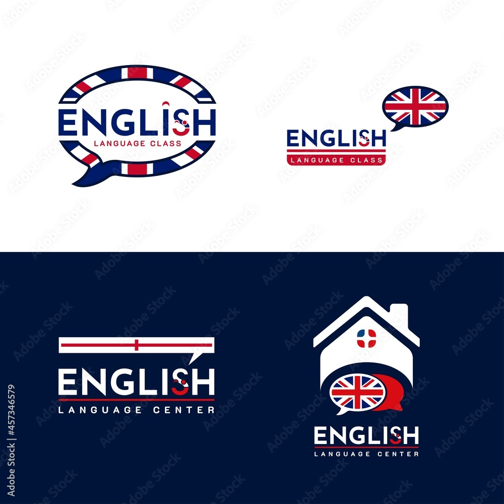 Set of Learning English Language Class Logo. language exchange program, forum, and international communication sign. With UK Flag