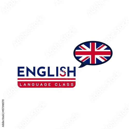 Learning English Language Class Logo. language exchange program, forum, and international communication sign. With UK Flag