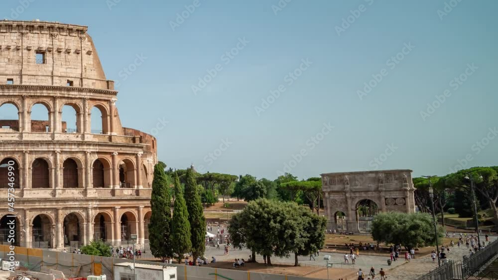 timelapse of the entrance facade of Colosseum in Rome. Amazing architecture details from the left side of this big oval amphitheatre in the centre of the city of Rome, Italy. Colosseo, Roma