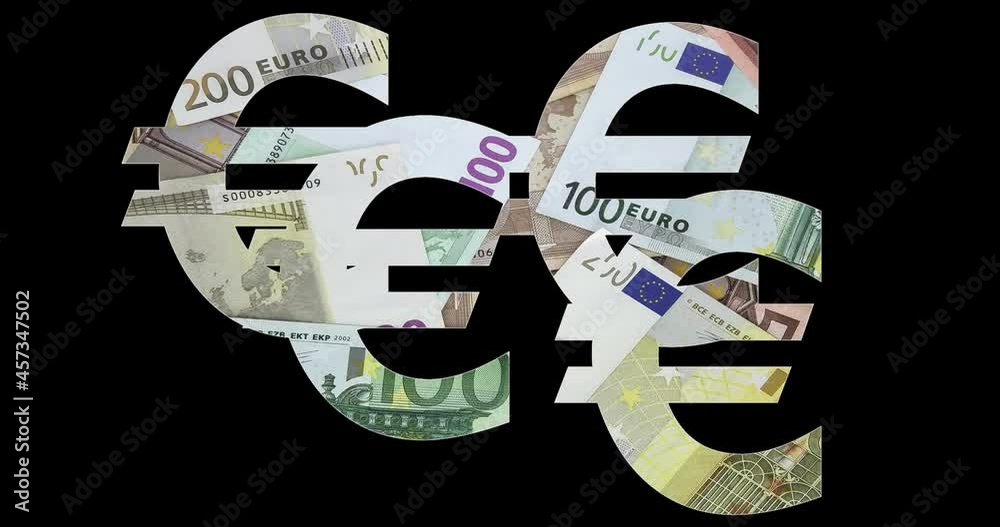 Cuatro símbolos de euro desplazándose por la pantalla con fondo de billetes