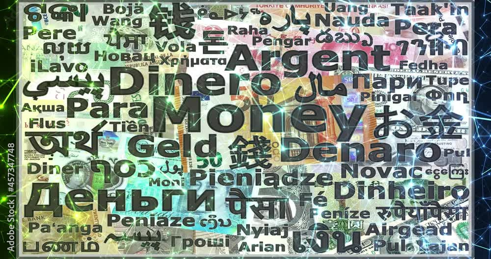 Video palabra dinero en múltiples idiomas con luces y destellos