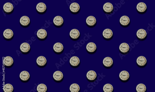 Top veiw, Collection set white wall clock isolated on blue  background for design or stock photo, clock telling time, advertising, product