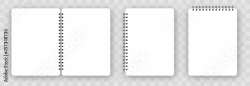 Notebook or memo notepad with binder. Realistic vertical notebook mockup. White Notebook with spiral. Blank Notepad, isolated on transparent background. Paper sheet. Vector illustration