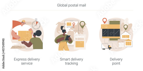 Global postal mail abstract concept vector illustration set. Express delivery service, smart tracking, delivery point, fast shipping order, courier driver app, pick up parcel abstract metaphor.