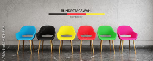 German Federal election 2021. Chairs in different colors of German parties. Deutsche Bundestagswahl 2021. Election or vote concept. 3D rendering. photo