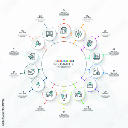 Basic circle infographic template with 14 steps, process or options, process chart, Used for process diagram, presentations, workflow layout, flow chart, infograph. Vector eps10 illustration.