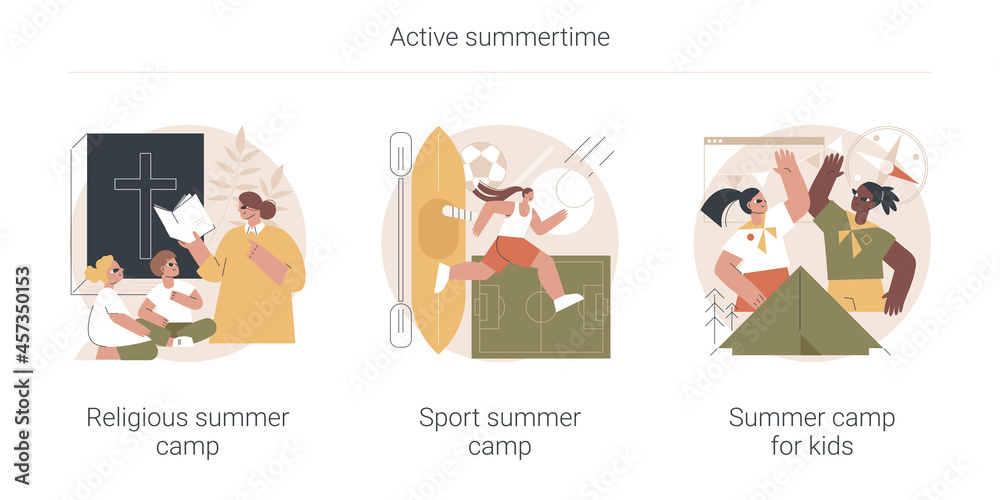 Active summertime abstract concept vector illustration set. Religious summer camp, sport summer camp, online virtual program, meet new friends, scout camping, socializing abstract metaphor.