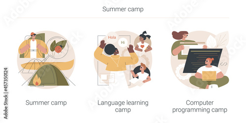 Summer camp abstract concept vector illustration set. Language learning camp, computer programming and cyber education, native English speaker, engineering and robotics software abstract metaphor.