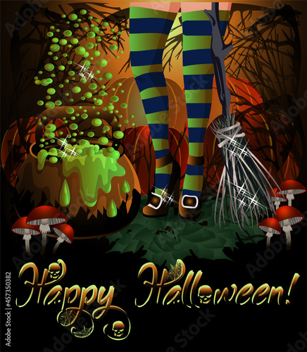 Happy halloween greeting card with poisonous mushroom, broom witch, magic pot and pumpkin, vector illustration