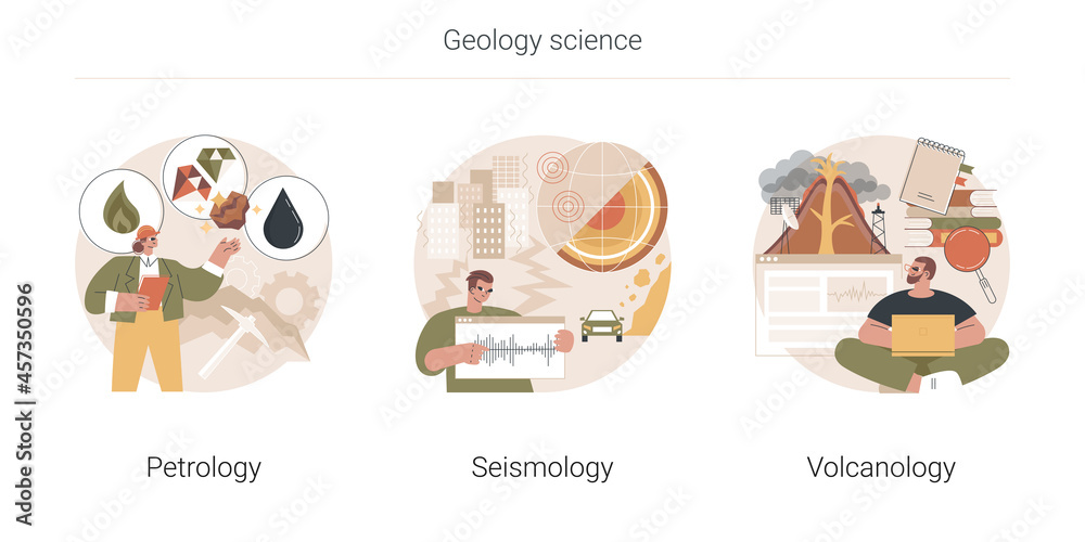 Fototapeta premium Geology science abstract concept vector illustration set. Petrology, seismology and volcanology, mineral, exploration, earthquake environmental effect, tectonic movement, Earth abstract metaphor.
