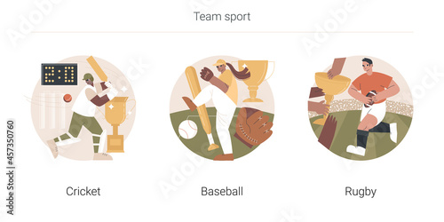Team sport abstract concept vector illustration set. Cricket, baseball and rugby, playground field, play ball, sport game, world cup league, athletic stadium, sports betting abstract metaphor. photo