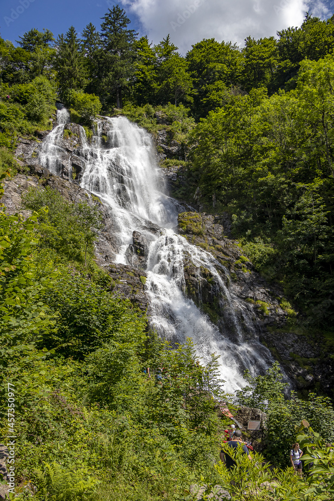 Wasserfall mit Felsen und grünen Bäumen
