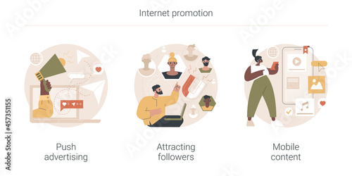 Internet promotion abstract concept vector illustration set. Push advertising, attracting followers, mobile content, follow social media page, digital marketing strategy, promotion abstract metaphor.