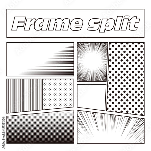 モノクロ線画の漫画風コマ割りと効果背景