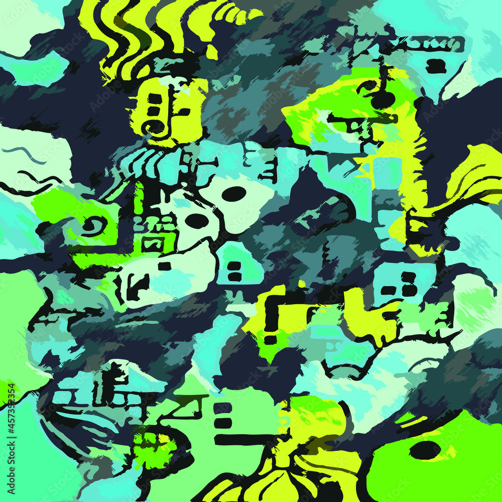 Fototapeta premium Illustration Dessin Abstrait Numérique, Digital, Moderne, Entrelacs, Nuages de Couleurs Vert, Carte, Nature, Architecture
