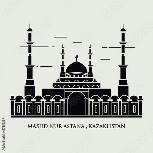 Silhouette flat icon vector illustration of a historic building mosque, Simple outline icon design cartoon landmark for praying vacation travel tourist attractions. Nur Astana Mosque Kazakhstan.